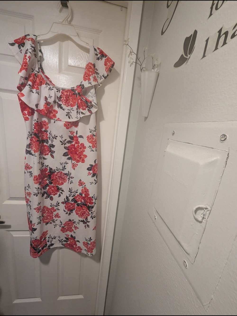 One-Shoulder Floral Dress with Ruffle - White and Red